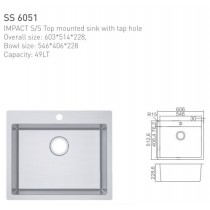 ECT IMPACT S/S Top mounted sink with tap hole 603*514*228, 546*406*228